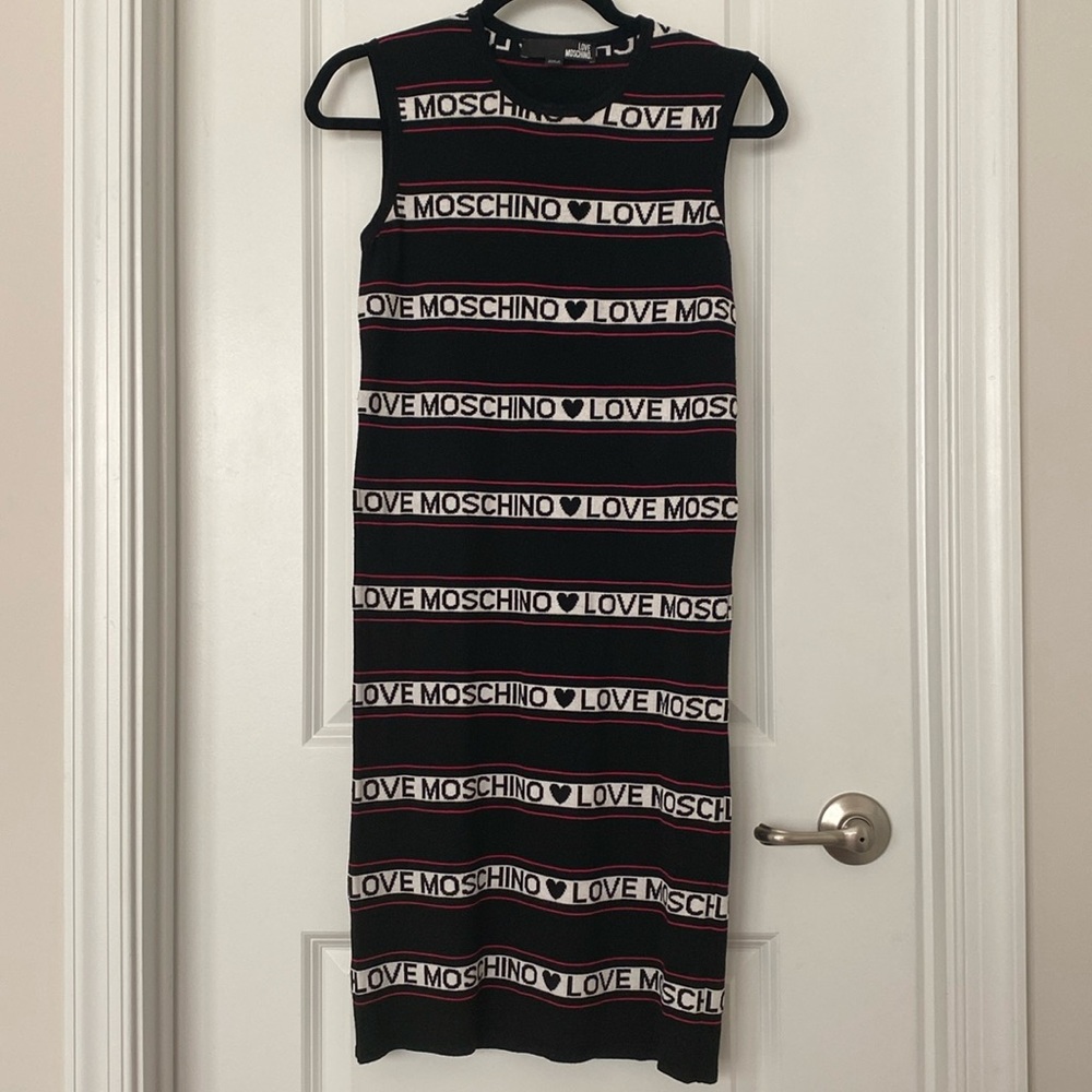 Love Moschino black, white and pink bodycon mini dress in size 4 or 40 IT.